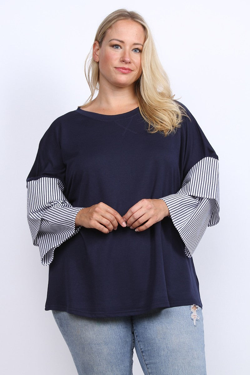 CKB Navy Top With Stripe Sleeves PLUS