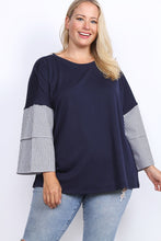 Load image into Gallery viewer, CKB Navy Top With Stripe Sleeves PLUS

